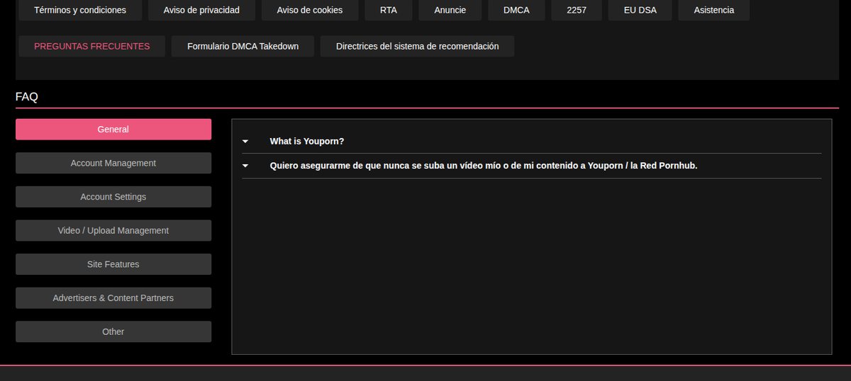 Página de ayuda de es.youporn.com titulada FAQ con pestañas en inglés y respuestas mezcladas